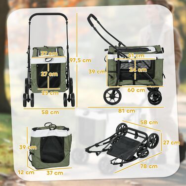 Візок для собак та котів PawHut 2-в-1, складний, до 10 кг, з подушкою, сіткою, дверима та кошиком для зберігання, темно-зелений