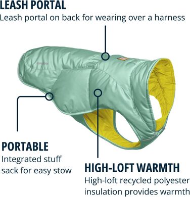 Куртка Ruffwear Quinzee для великих собак, ізольована куртка для собак на всі погодні умови, водонепроникна куртка для собак, легка жилетка для собак та сумка-переноска, розмір L, Obsidianschwarz (River Rock Green, X-Small)