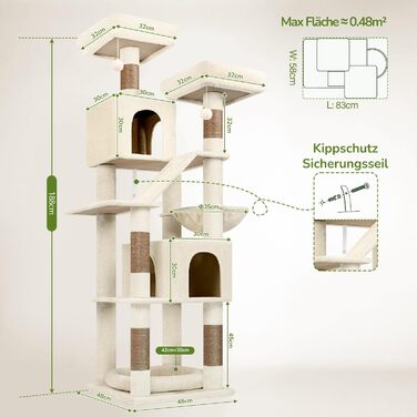 Драбина-кіготь Globlazer для котів та собак, 189 см, XXL, бежевий. 2 будиночки, 2 сидіння, кошик, килимок з сизалю, лежанка для собак