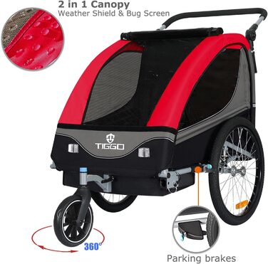 Причіп для дитячої коляски Tiggo S2 з підвіскою, 2-в-1, для бігу та велосипеда, поворотний на 360°, червоний