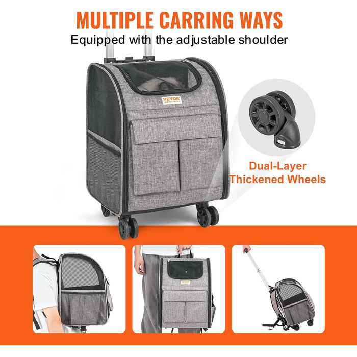 Тролей для собак VEVOR, складний, до 8,1 кг, сірий. Зручний рюкзак-переноска для тварин з 5 кишенями. Ідеально для подорожей та прогулянок