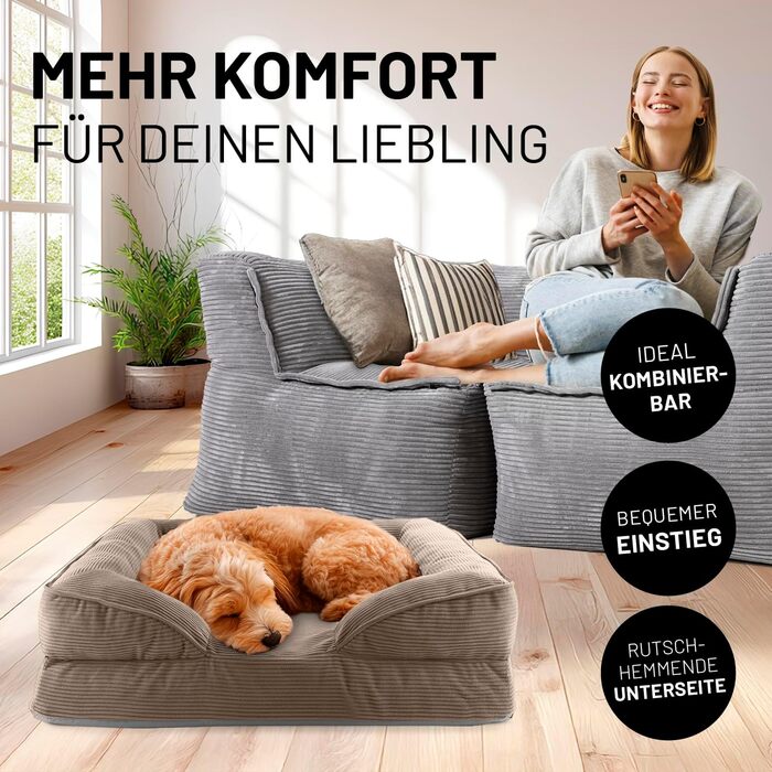 Ортопедичне ліжко для собак Lumaland з корду | Ергономічне собаче ліжко-софа 70x60 см - для маленьких собак | Нековзне дно | Знімний та пральний чохол | Корзина для собак з Memory Foam Cord - Світло-коричневий 70 x 60 см - S