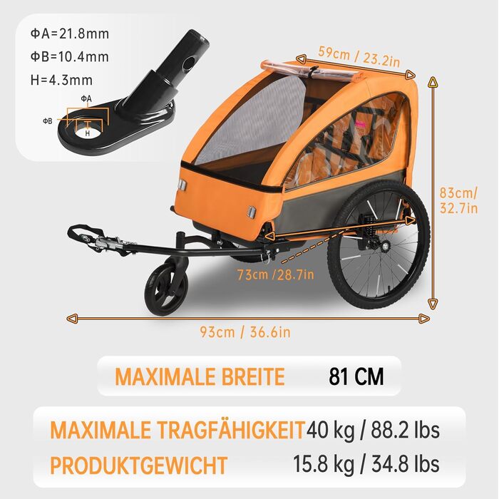 Дитячий велопричіп 2в1 з функцією коляски та бігуна, амортизація, регульована ручка-штовхач та гальма, для 1-2 дітей, до 40 кг (Помаранчевий)