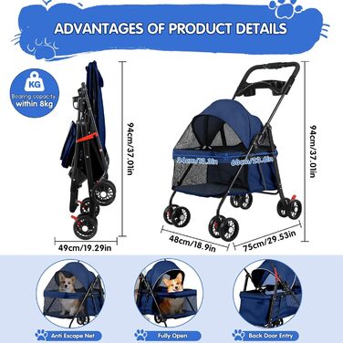 Дитяча коляска для тварин 4-Rad, синього кольору. Легка коляска для собак та котів з поворотними колесами та дихаючим мережевим покриттям. Ідеально для прогулянок та подорожей.