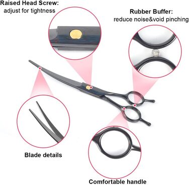 Набір ножиць для собак 7 дюймів, професійний 5-в-1 з нержавіючої сталі, включаючи ножиці для фінальної обробки, вигнуті та прямі ножиці, гребінець для грумінгу, серветка для чищення, кейс для зберігання, регулювальний гвинт, для собак та котів, чорний