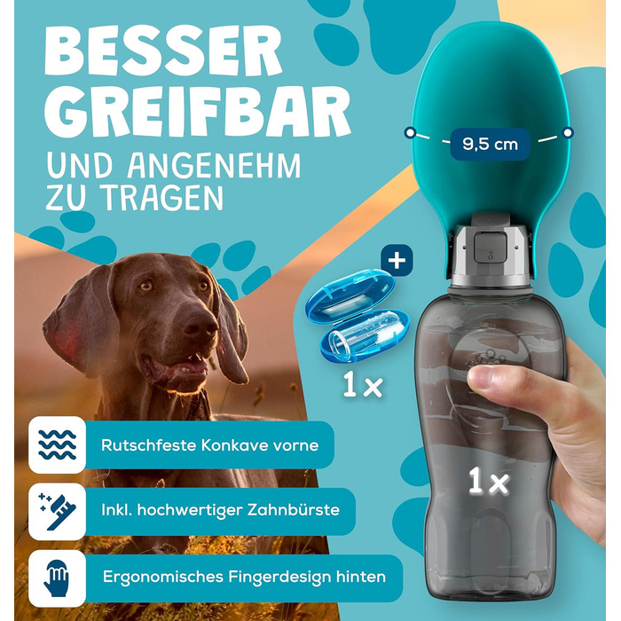 Набір з 2-х: велика складана пляшка для води для собак + щітка для зубів | Пляшка для собак 800 мл | Без витоку