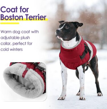 Зимовий теплий одяг для собак SUNFURA: великий куртка з інтегрованим шлейкою, водонепроникний флісовий костюм для собак, з хутряним коміром, для Французького бульдога (Large, Бордовий)