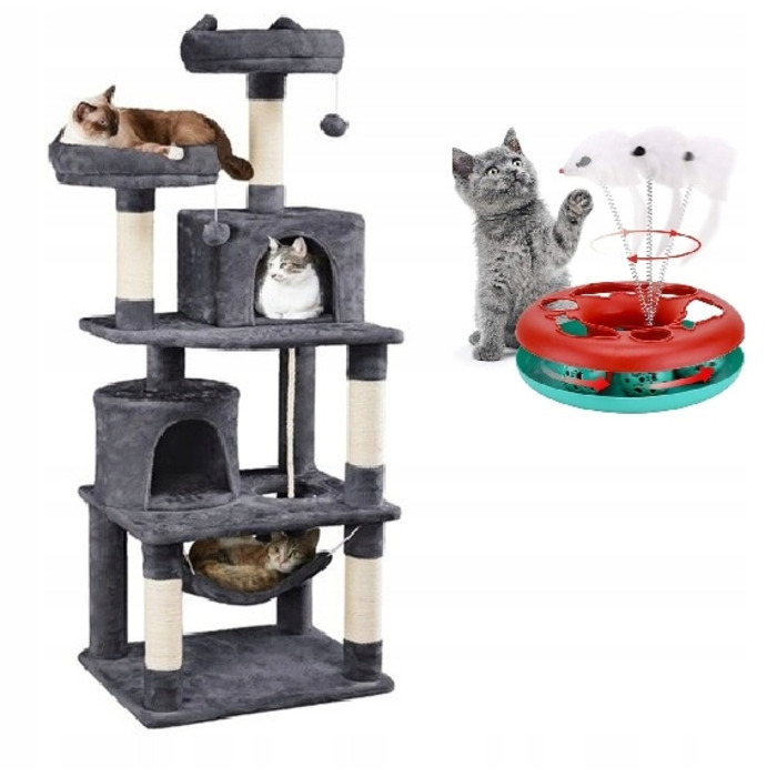 Високий ігровий комплекс для котів: дряпалка-вежа з будиночком та лежаком, 7 рівнів, 158 см + іграшка