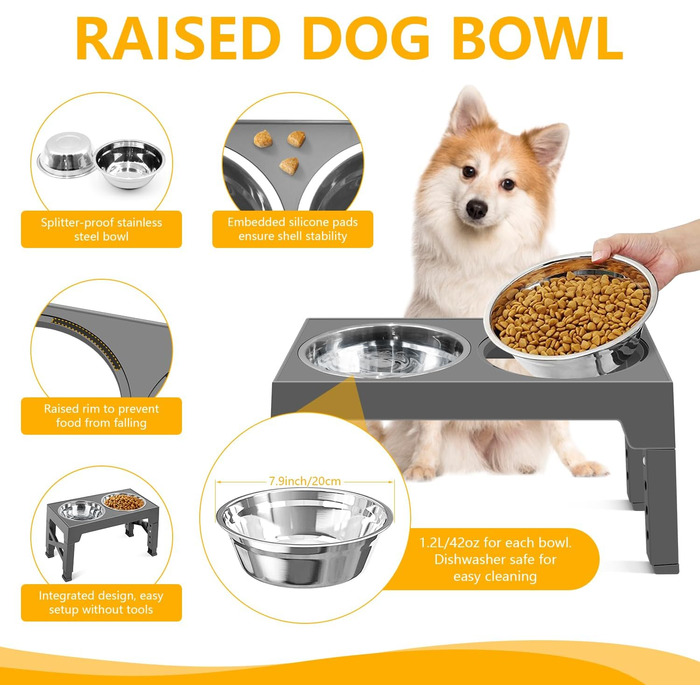 Підвищена годівниця для собак FOSTBEEN з 2 мисками з нержавіючої сталі та повільною годівницею, регульована по висоті