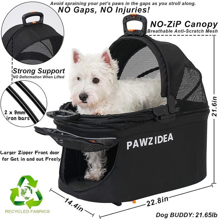 PAWZIDEA Візок для собак 4-в-1, переноска для котів, чорний. Візок для тварин до 33 кг, швидко складається, з капюшоном Easy-Lock