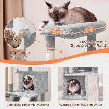 Yaheetech Когтеточка для котів 91 см, міцний котячий дерево з 2 будиночками, сизалевий стовпчик і ігровий м'яч, світло-сірий