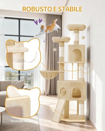 Кігтеточка для котів Hzuaneri, 174 см, XL, 2 платформи, 2 печери, 4 стовпчики, дошка для шліфування кігтів, мотузка з сизалю, плюшеві кульки, для кількох котів, MS17418LG (Бежевий)