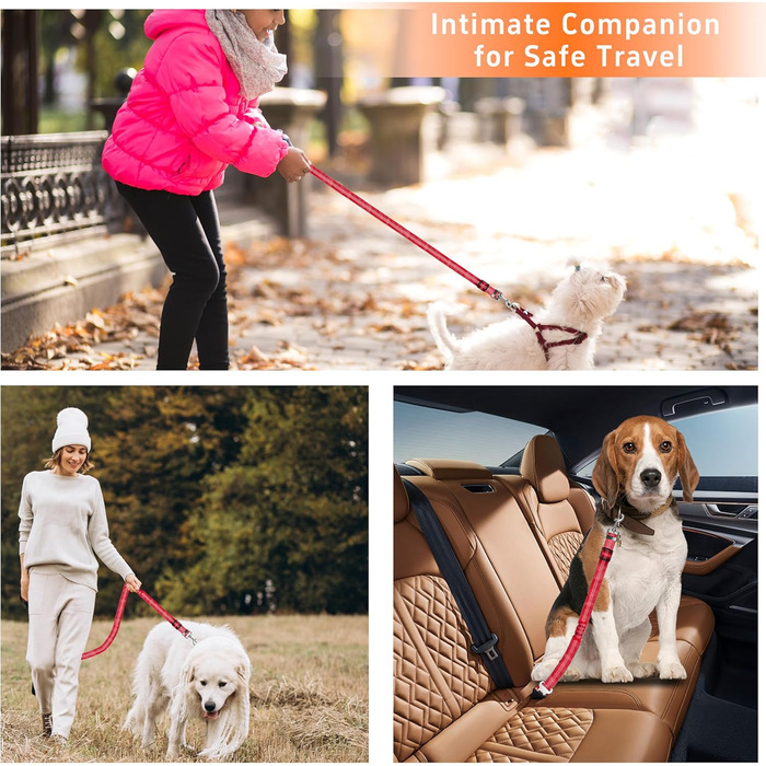 Набір безпечних ременів для собак Seyezo: 2 шт. (рожевий/червоний), регульовані, відбивачі, для кріплення до автокрісла