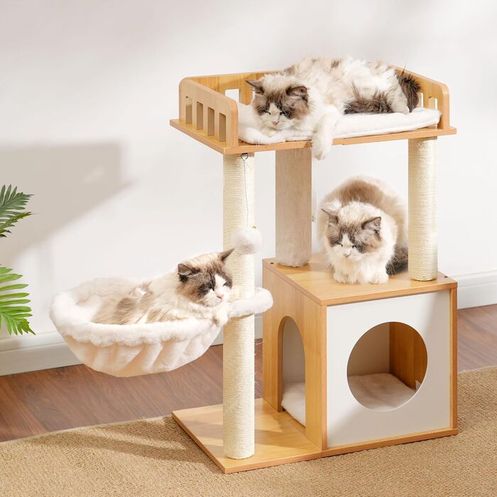 Дерев'яна кігтеточка Heybly HCT007SSR для котів: кігтестоїка-стійка з платформою 30x50 см, будиночком та 2 сизалевими стовпчиками, коричнева