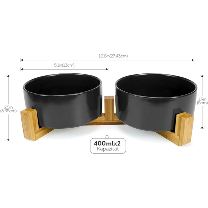 Керамічна миска для собак та котів з бамбуковою підставкою 2 шт. 600 мл (Чорний)