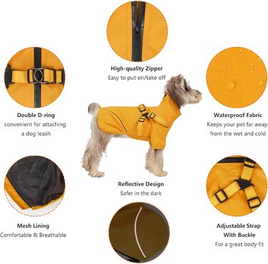 Водонепроникний дощовик для собак з блискавкою, світловідбиваюча куртка для цуценят, дощовик з отвором для шлейки, жовтий, розмір M