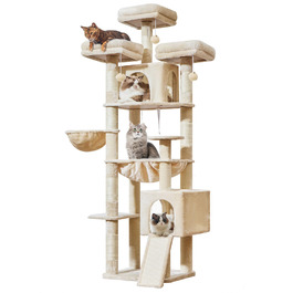 Дерев'яний комплекс для котів Taoqimiao 193 см, великий, з будиночками, лежаками, гачком та когтеточками (MS047G, сірий/бежевий)