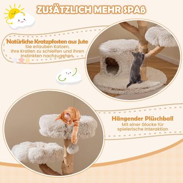 Дерев'яна кігтеточка для котів COSTWAY 102 см з будиночком, платформами та м'яким сидінням, кігтеточний стовпчик з джуту, білий кігтеточний комплекс для котів