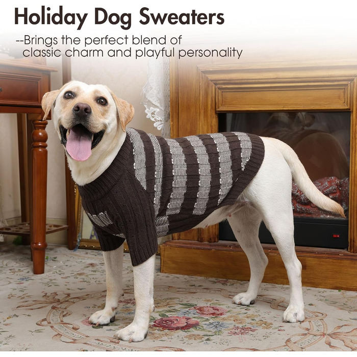 Теплий в'язаний пуловер для собак маленьких порід з отвором для повідка - коричневий, для Ши-тцу, Мопса, з пітонами