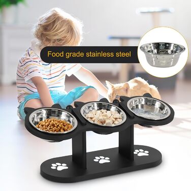 Набір мисок для котів 3 в 1: годівниця, поїлка, підставка. З нержавіючої сталі, з дерев'яною підставкою. Підходить для котів та маленьких собак.