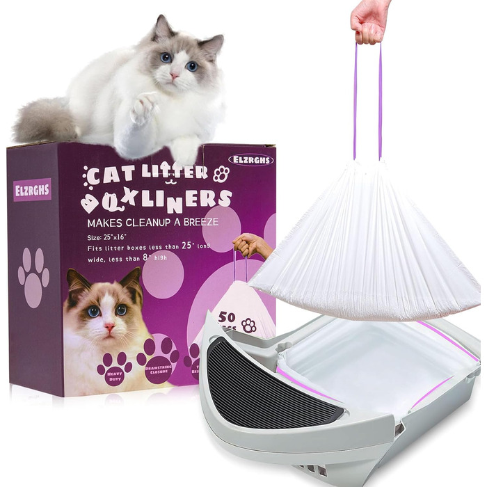 Вкладиші для котячого туалету Elzrghs з шнурком, сумісні з котячими туалетами 3/4, пакети для сміття, міцні, для автоматичних самоочисних туалетів, 50 шт.