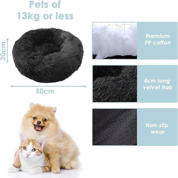 Килимок для кота та собаки 50x50 см, круглий, плюшевий, чорний