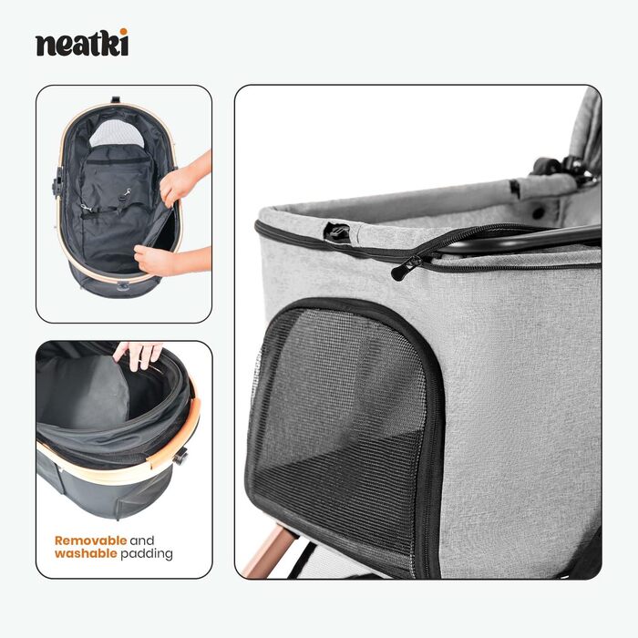 Складаний візок для домашніх тварин для собак та котів, сірий, 70x50x103 см, вантажопідйомність 15 кг, поворотні передні колеса на 360°, складання в один клік, гальмо, страхувальні кліпси, знімне м'яке сидіння