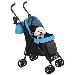 Візок для собак PawHut з вітрозахистом, складний, з миючим подушкою, тримачем для чашок, сітковими вікнами та кишенею для зберігання, блакитний
