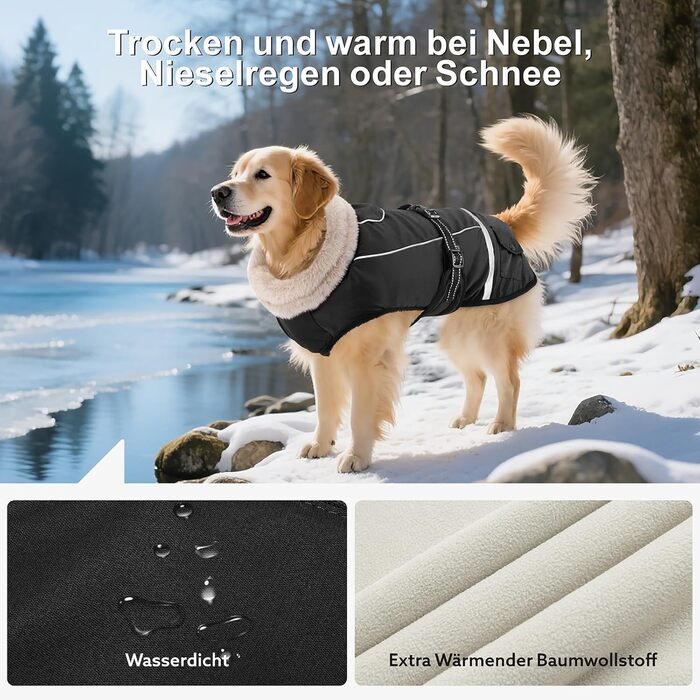Водонепроникний зимовий одяг для собак, теплий флісовий одяг для великих собак, з регульованими плечовими ременями та світловідбиваючими смугами, підходить для лабрадорів, чорний, XL