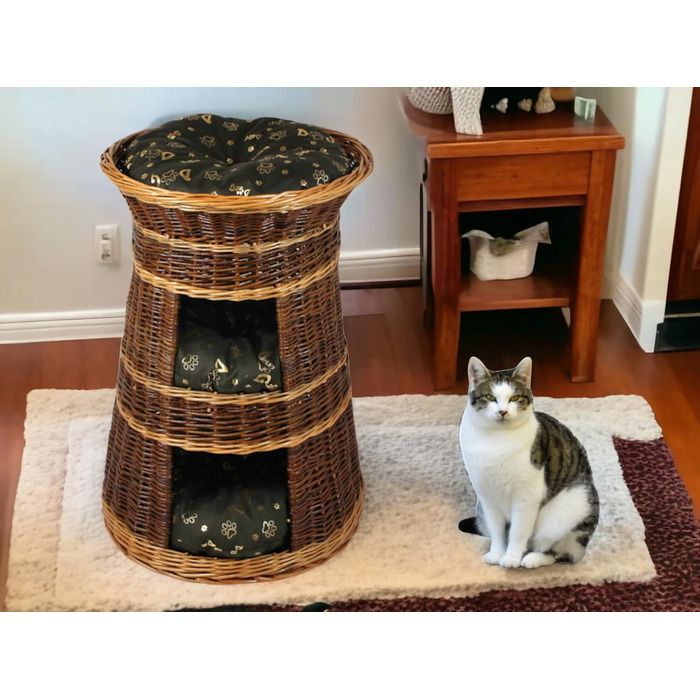 Корзина для котів для сну – котяча хатинка для дому – розмір 43 x 49 x 70 см, кругла – котяча хатинка з лози, трирівневе ліжко для собак або котів з пральним подушками в бежевому кольорі – лакована корзина (подушка темно-коричнева)