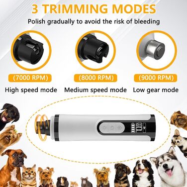 Електричний точило для собачих кігтів, пристрій для шліфування кігтів з LED-підсвічуванням, бездротова зарядка USB, запасні насадки для цуценят, обрізання кігтів для собак та котів (1+2 x запасна насадка)
