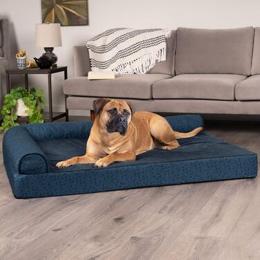 Ліжко для собак Furhaven великого розміру з ортопедичним матрацом, стиль дивана, знімний чохол, велике (135 x 102 x 24 см, блакитно-горіховий)