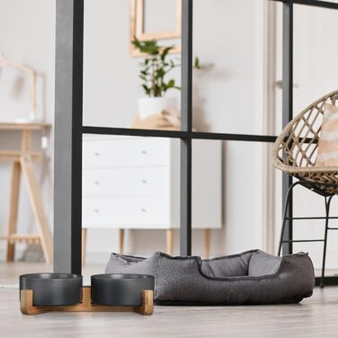 Миска для собак Relaxdays, кераміка, 850 мл, корм та вода, бамбуковий каркас, білий колір, 9 x 32 x 17 см