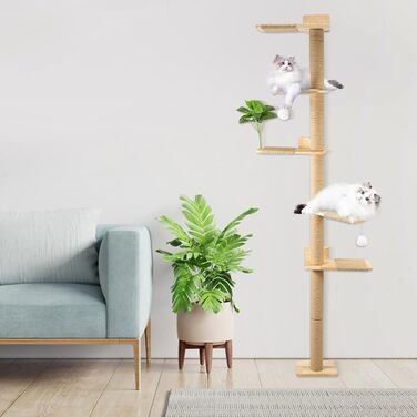 Кігтеточка для котів Youyijia 206 см з натурального каучукового дерева, 5 ярусів, настінна, з розширеною основою, плюшевими кульками, 360° обертання, XXL кігтеточка для котів