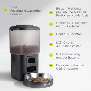 Автоматичний годувальник для собак Crispy з таймером, LCD-дисплеєм, резервним живленням (USB-C), нержавіюча сталь, 4.5 л, для сухого корму 5-15 мм