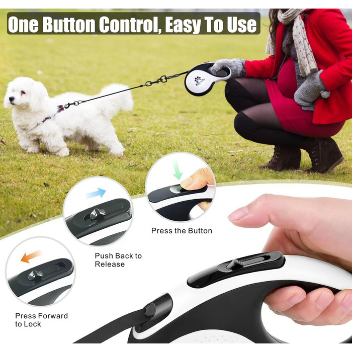 Висувна поводок для собак, 5 м, поводок-рулетка з ланцюгом, подвійний поводок для 2 собак, подовжений поводок для середніх та великих собак до 50 кг, білий та чорний, з пряжкою