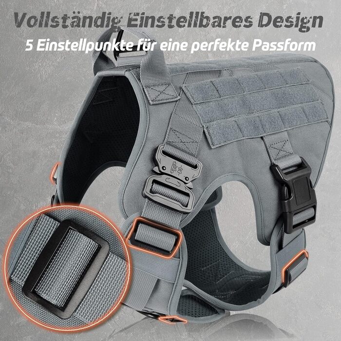 Шлейка для собак Rabbitgoo великих порід, без натягу, тактична з MOLLE, металеві пряжки, дихаюча, військова, регульована, з підкладкою, сіра, L (1 шт.)