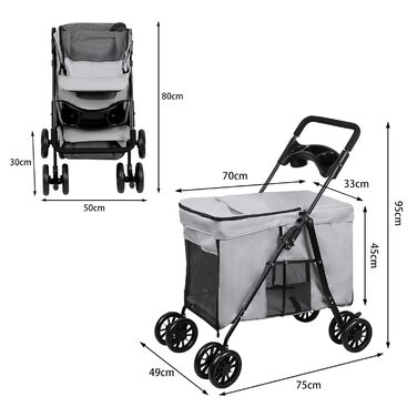 Візок для тварин, бугі для собак та котів, складний, сірий. Міцний, водонепроникний, з дихаючим матеріалом, до 20 кг.