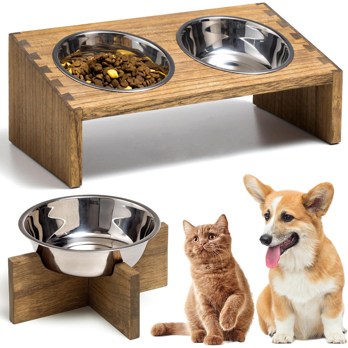 Підвищені годівниці для котів та собак KIRIGEN – дерев'яна годівниця з 3 знімними мисками з нержавіючої сталі, жовто-коричневого та темно-коричневого кольорів