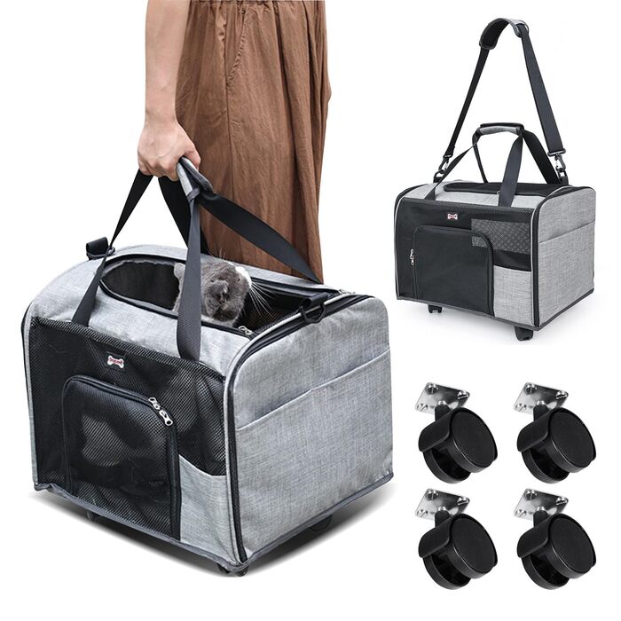 Транспортний бокс для котів та собак PETCUTE, складаний, з килимком, бічні кишені, з колесами, для подорожей та кемпінгу, сірий