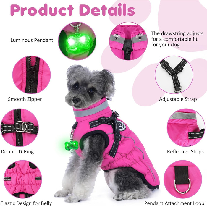 Зимовий одяг для собак, теплий водонепроникний одяг для собак з шлейкою, світловідбиваючі смуги, LED-ошийник, зимові куртки та одяг для маленьких та середніх собак, рожевий, розмір S