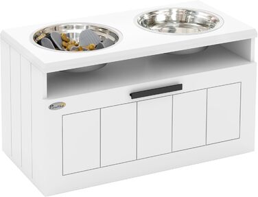 Станція для годування собак PawHut з піднятою мискою, повільною годівницею та 2 мисками з нержавіючої сталі, ящик для зберігання 25л, для великих та екстра-великих собак, білий колір