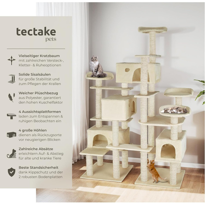 Тектейк® Кігтеточка для котів велика, кігтеточка з аксесуарами, XXL кігтеточка з 4 будиночками, ігровий комплекс з кігтестолом, кігтеточний стовп з сизалю, можливе кріплення до стіни - сірий (Бежевий | № 403919)