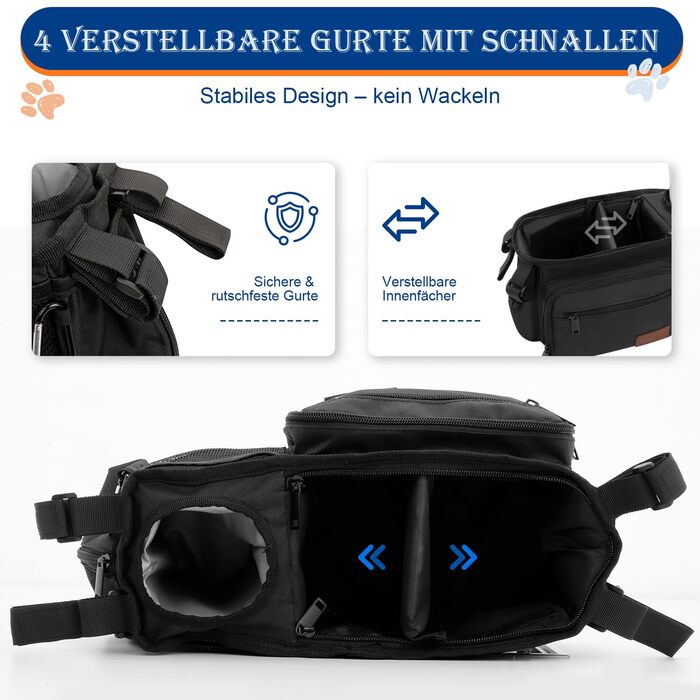 Органайзер для дитячої коляски та собак, сумка-органайзер для аксесуарів для собак з дозатором пакетів для екскрементів, кишенькою для ласощів та тримачем для чашки, сумісний з ручками 35–48 см, подарунок для любителів тварин, чорний