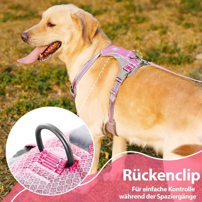Шлейка для собак Huntboo Anti-Zug, без обмеження руху, для малих, середніх та великих собак, не тягне, світловідбиваюча, з 2 карабінами, не душить, регульована, для тренувань та бігу (Рожева, M)
