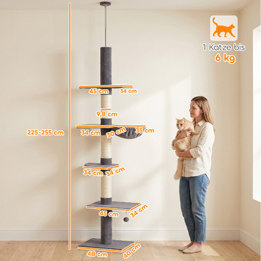 Ігровий комплекс для котів ratzbaum: стельовий, висота 225-255 см (регульована), 5 ярусів, 3 сизалеві стовпчики-дряпки, гамак та платформи