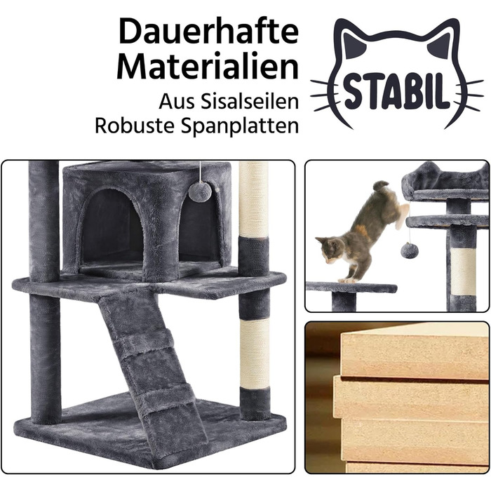 Кігтеточка для котів Yaheetech, велика, 178 см, з 3 платформами, 3 стовпчиками, 2 будиночками, м'ячі, сірий колір