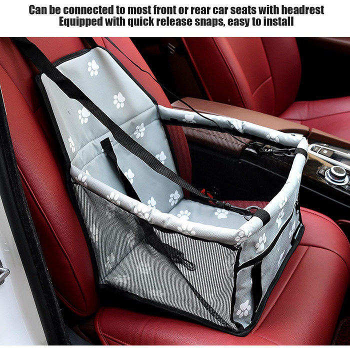 Переноска для тварин з принтом лапок, складана переноска для собак з тканини, миється, з ременями безпеки та підпоркою - Комфортна та безпечна для авто та подорожей (сіра підпорка з принтом лапок)