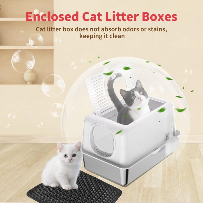 Набір для туалету котів з нержавіючої сталі з кришкою, великий, для великих котів, з совочком та килимком (білий)