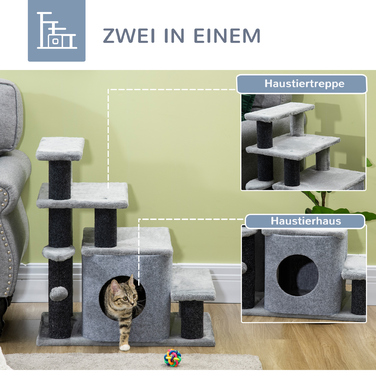 PawHut Pet Stairs 3/4-ступінчасті сходинки для кішок зі спальним місцем та ігровим м'ячем, плюшевий чохол, міцна ДСП для котів
